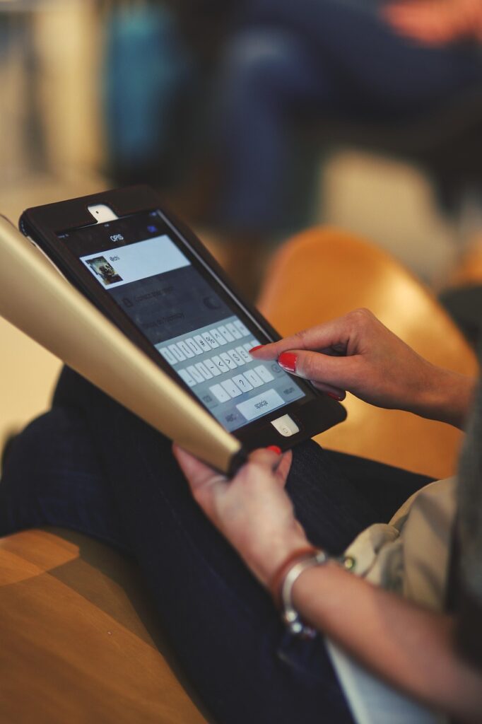 typing, tablet, technology, hand, hands, red nails, woman, brown tablet, typing, tablet, tablet, tablet, tablet, tablet